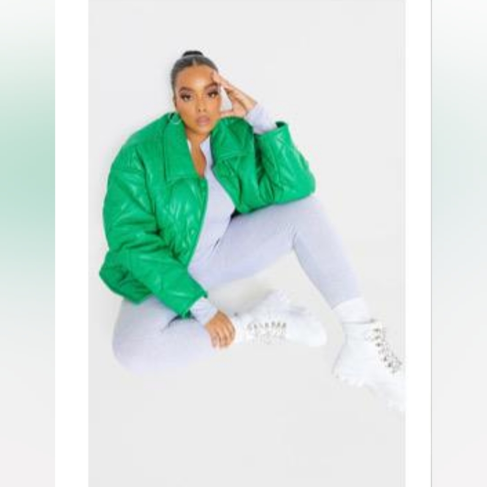 Plus Green faux Leather quilted padded jacket